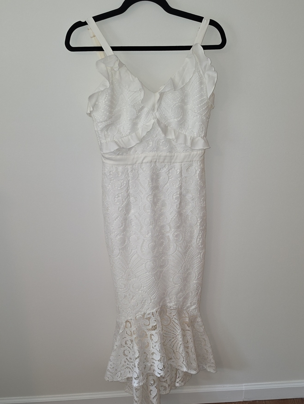 White Lace Ruffle-Trim Midi Dress